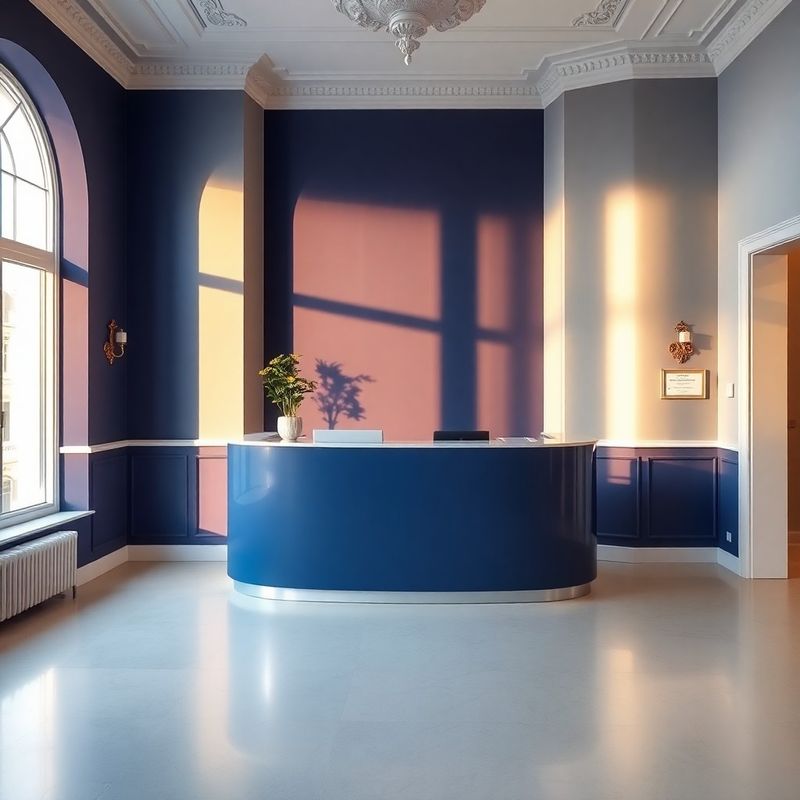 Světlá recepce kanceláře Český Dílna s indigo akcentem a měkkým denním světlem