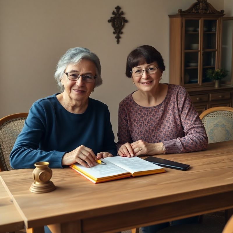 Babička a vnučka procházejí dokumenty u světlého dubového stolu v teplém světle